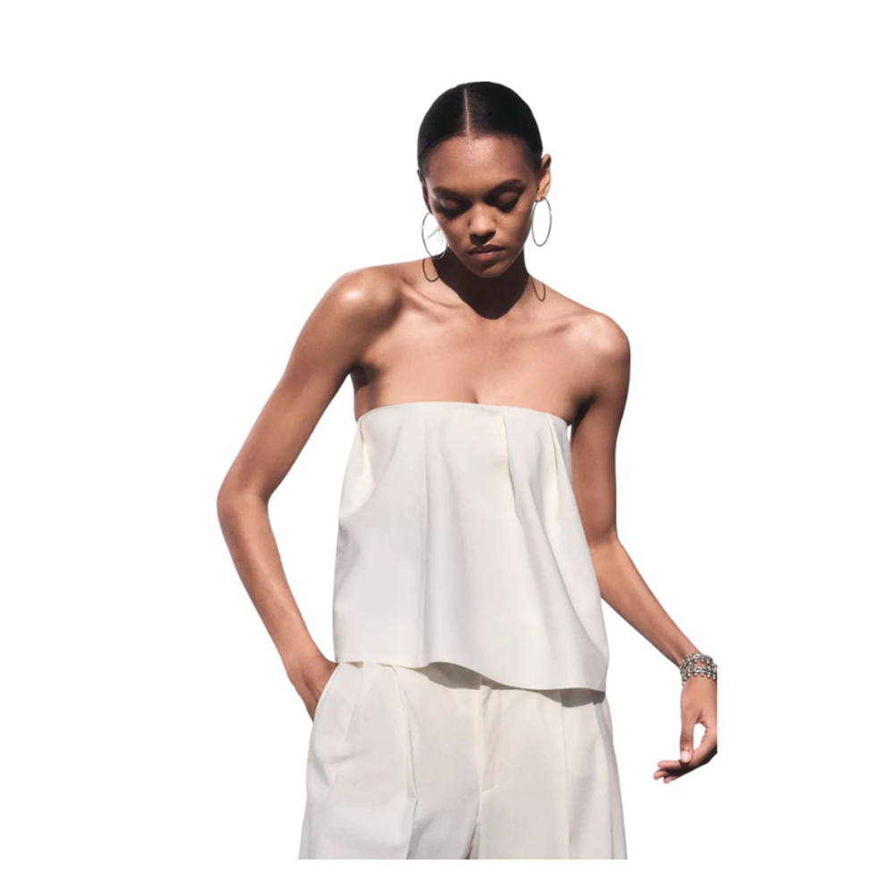 Zara Top Size S White Ecru Pleated Strapless Blouse Open Shoulder New w Tag